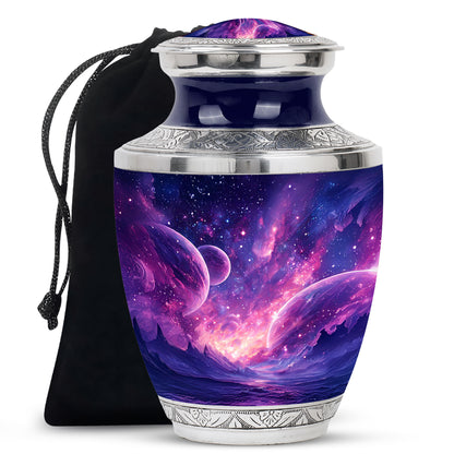 Sapphire Blue Galaxy Cremation Urn side profile showing urn shape - stylized abstract galaxy pattern with bold lines - full-size 10 inch 200 cubic inch adult cremation urn