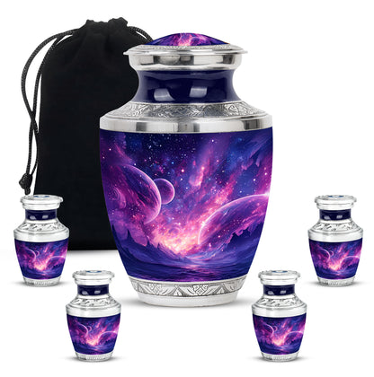 Pastel Blue Galaxy Cremation Urn lifestyle display on memorial shelf - contemporary galaxy design with modern artistic flair - memorial set with one large and four small urns