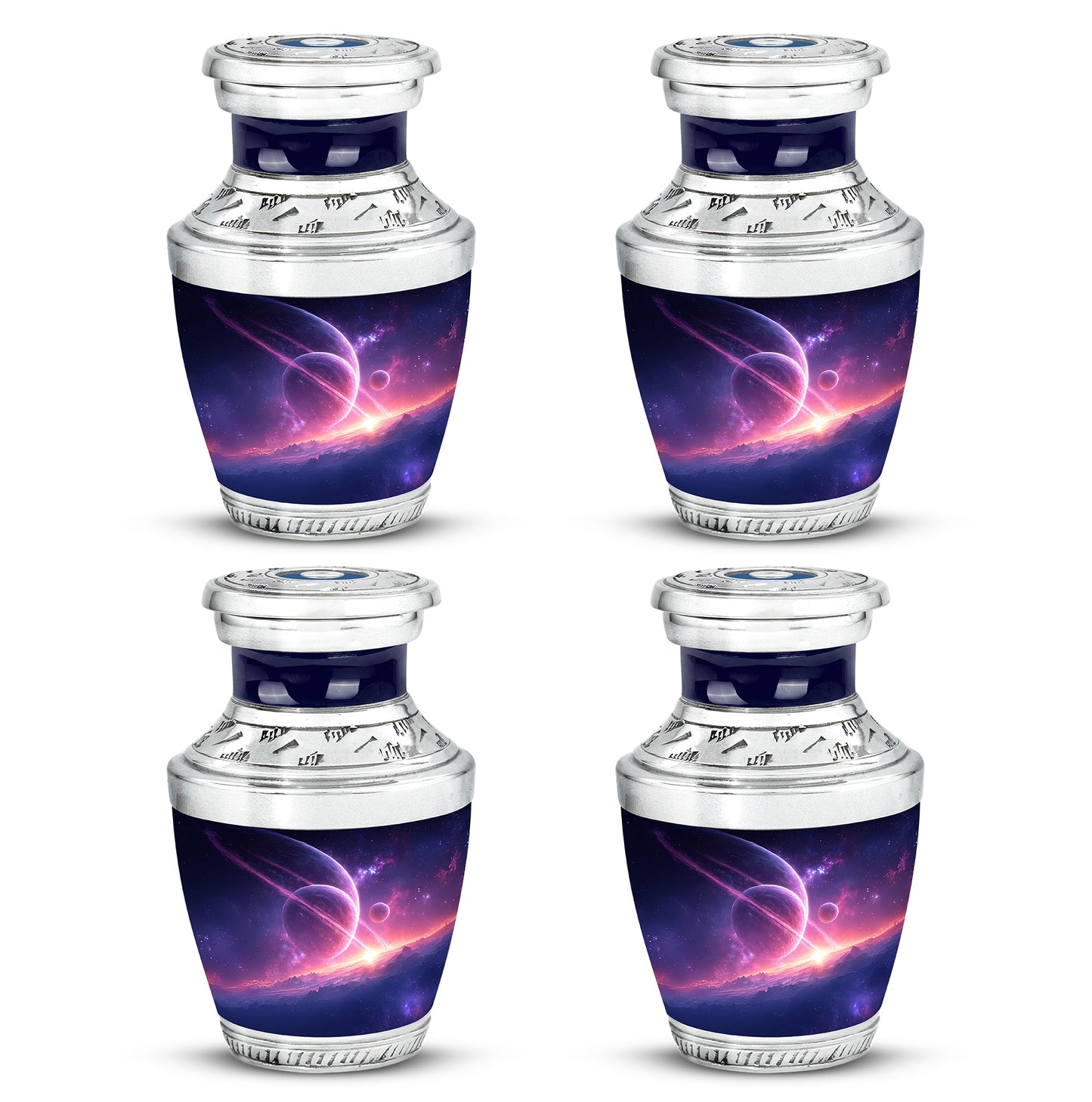 Celestial Blue Galaxy Cremation Urn back view with polished surface - contemporary galaxy design with modern artistic flair - 10 inch aluminum urn for cremated remains