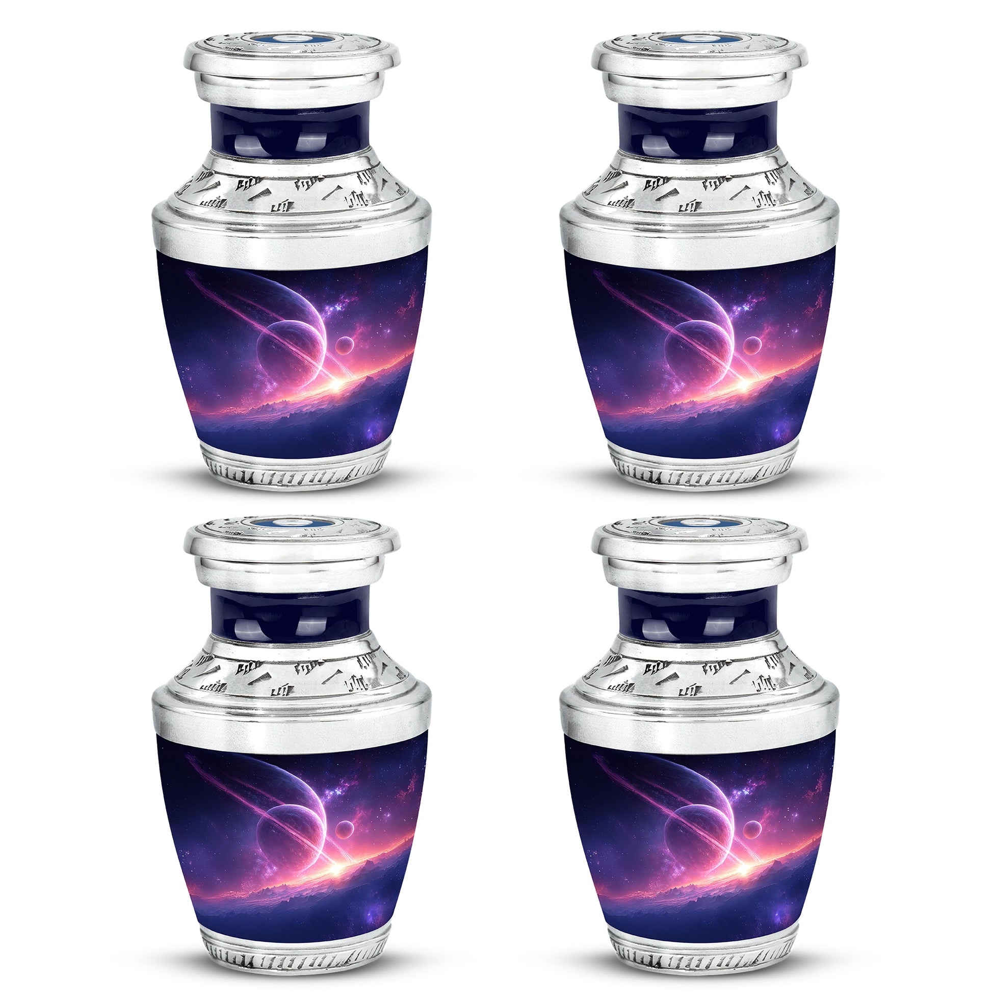 Celestial Blue Galaxy Cremation Urn back view with polished surface - contemporary galaxy design with modern artistic flair - 10 inch aluminum urn for cremated remains