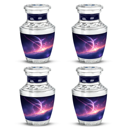 Celestial Blue Galaxy Cremation Urn back view with polished surface - contemporary galaxy design with modern artistic flair - 10 inch aluminum urn for cremated remains