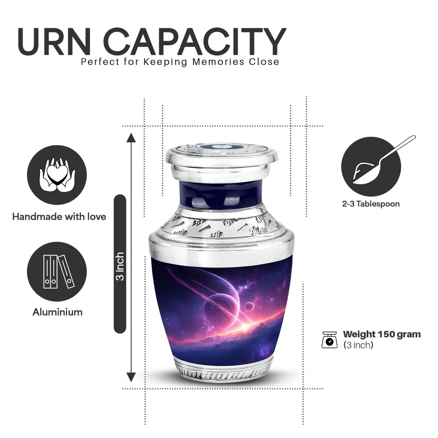 Powder Blue Galaxy Cremation Urn top-down view of secure threaded lid - modern art-inspired galaxy motif on sleek aluminum - mini keepsake memorial for portion of cremation ashes