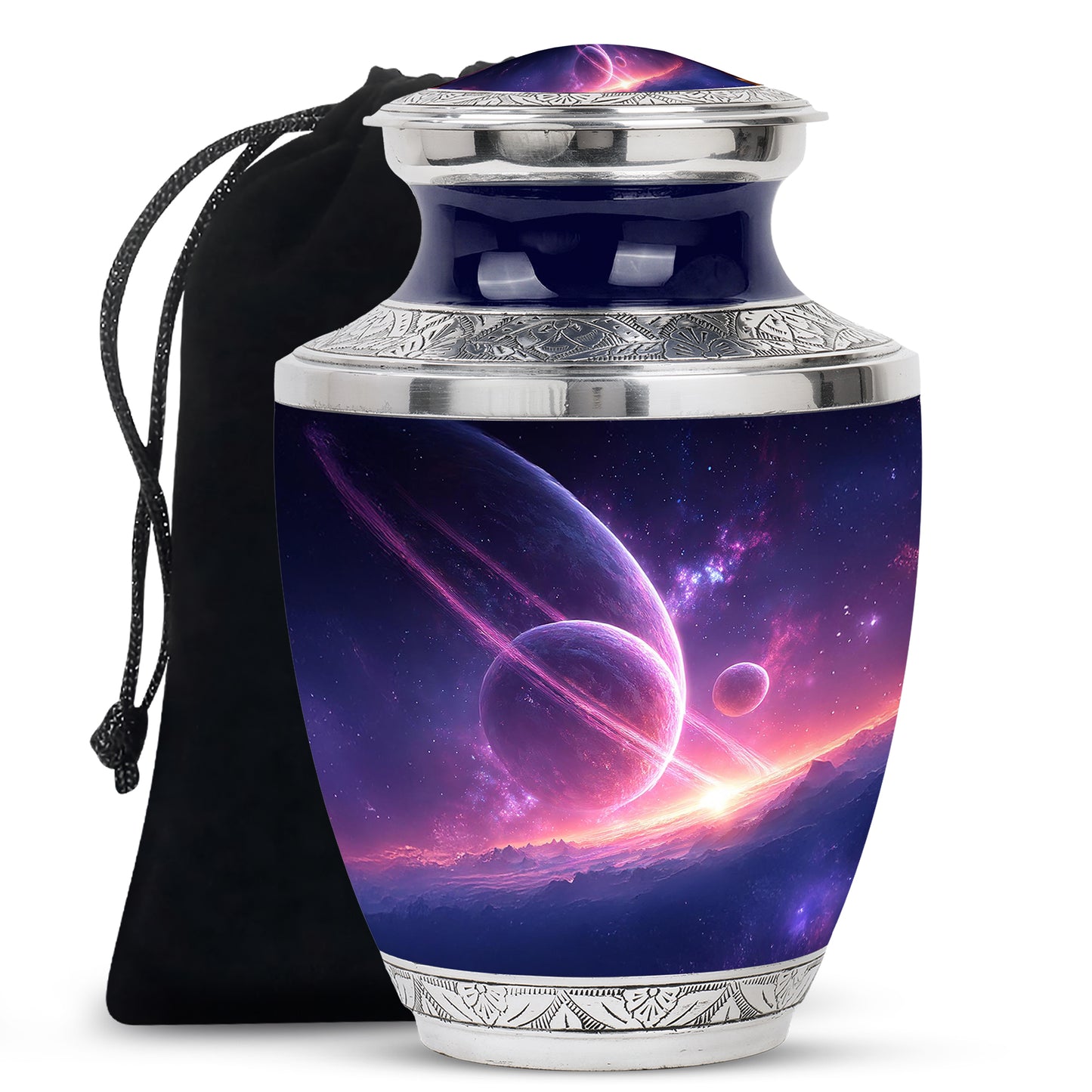 Dusty Blue Galaxy Cremation Urn side profile showing urn shape - contemporary galaxy design with modern artistic flair - full-size 10 inch 200 cubic inch adult cremation urn