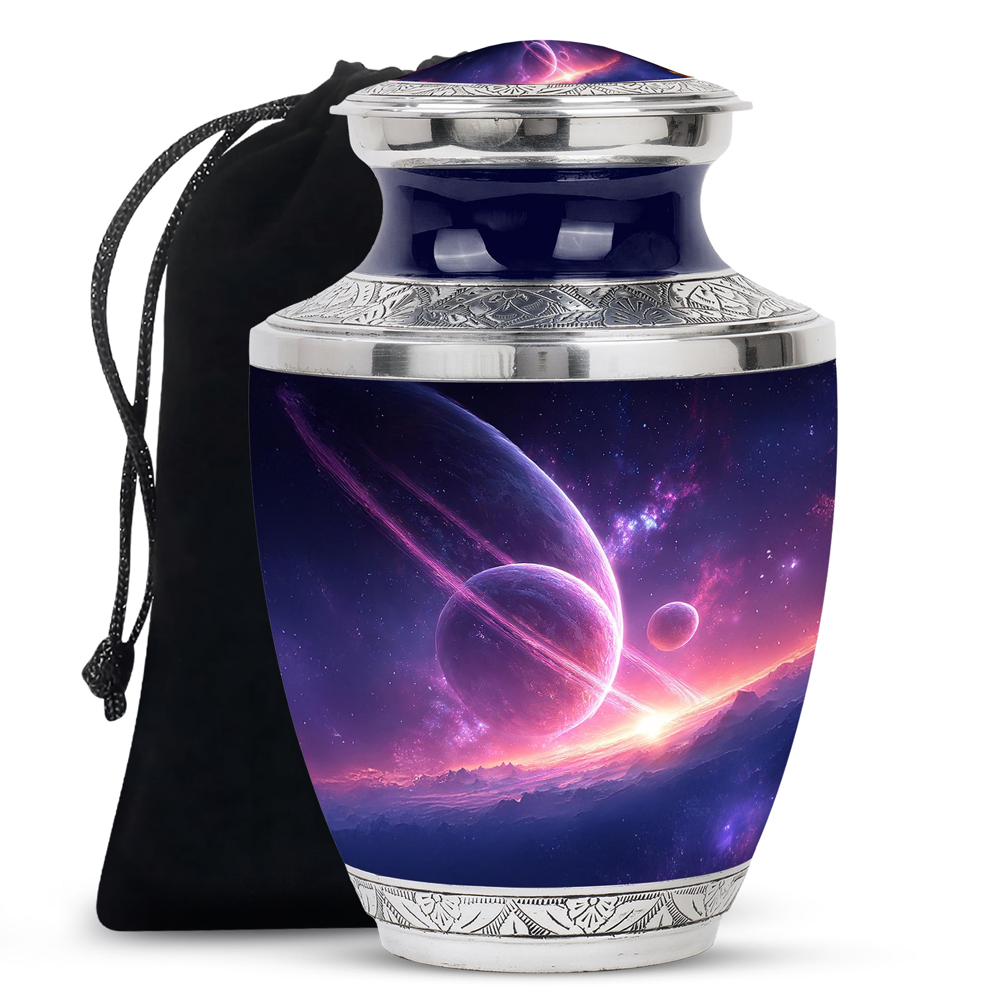 Dusty Blue Galaxy Cremation Urn side profile showing urn shape - contemporary galaxy design with modern artistic flair - full-size 10 inch 200 cubic inch adult cremation urn