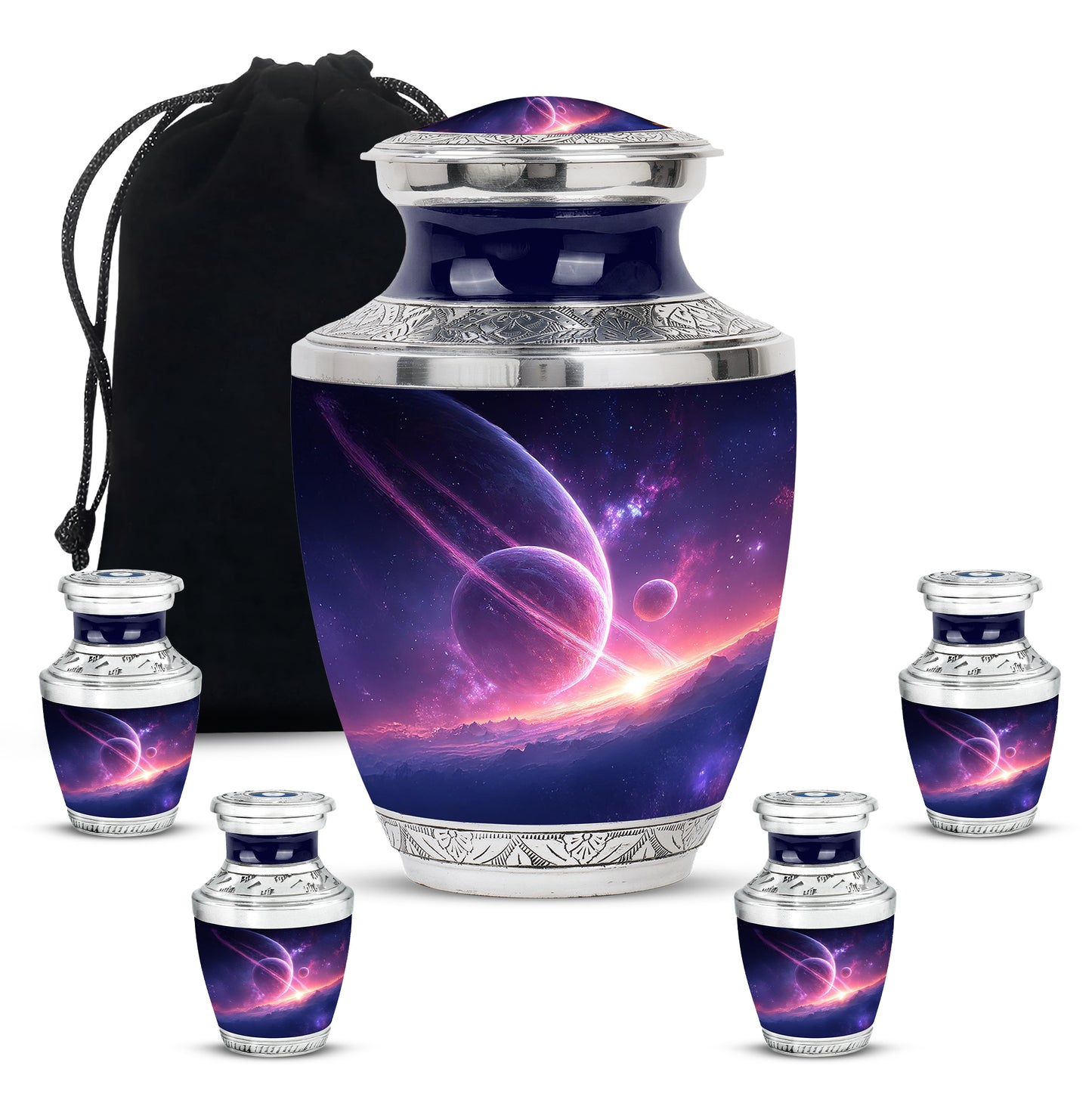 Icy Blue Galaxy Cremation Urn lifestyle display on memorial shelf - modern art-inspired galaxy motif on sleek aluminum - memorial set with one large and four small urns
