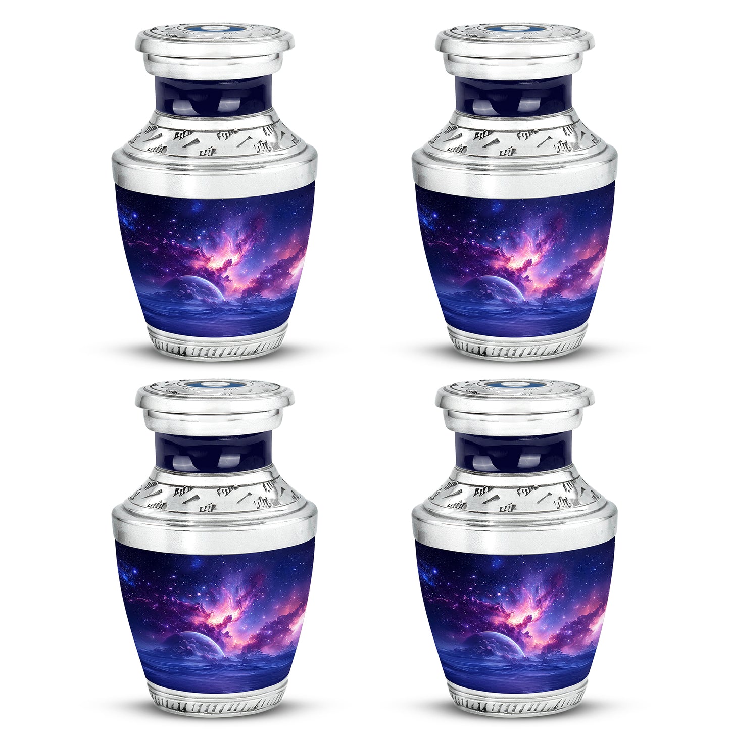 Sky Blue Galaxy Cremation Urn back view with polished surface - contemporary galaxy design with modern artistic flair - 10 inch aluminum urn for cremated remains