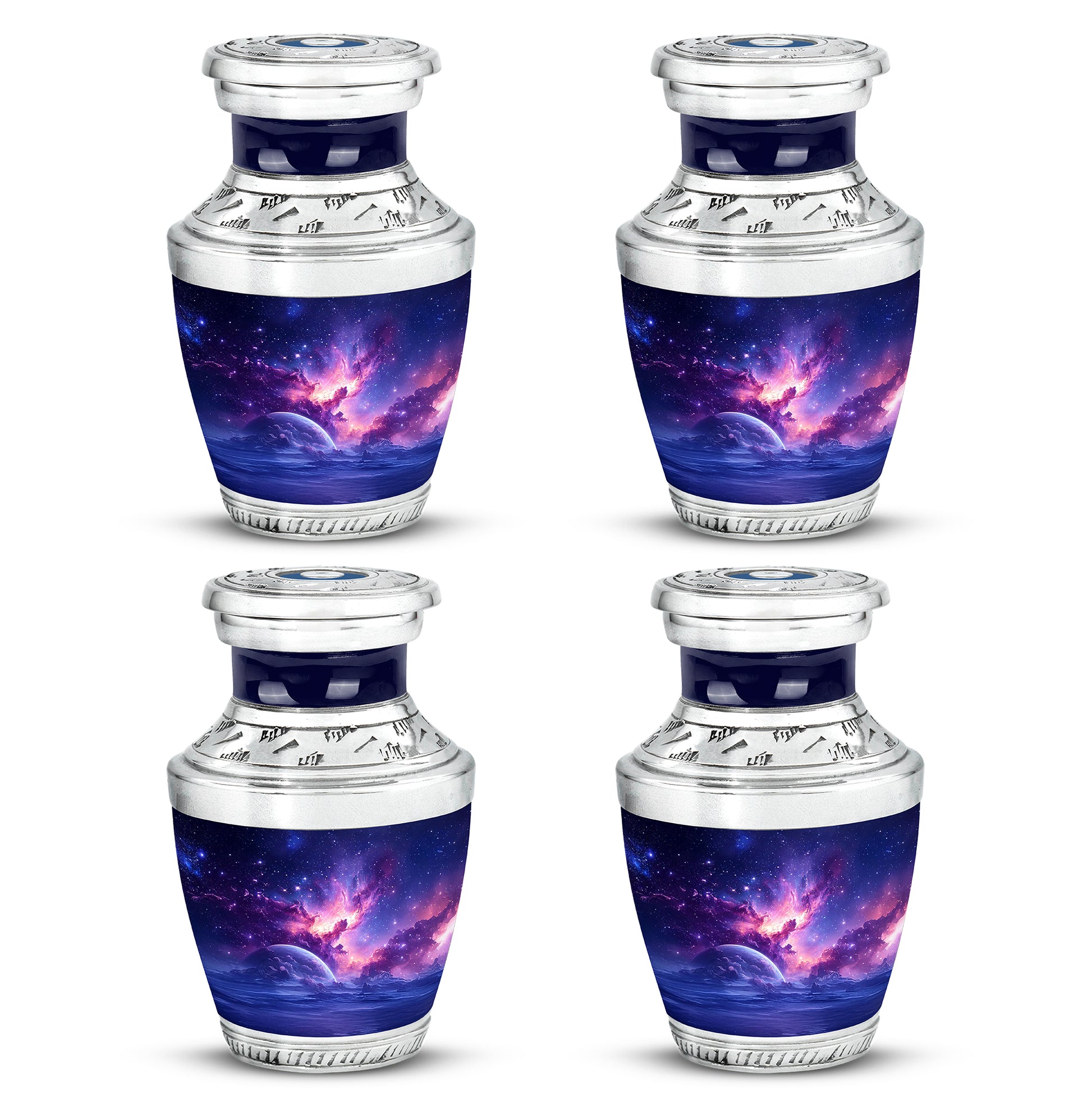 Sky Blue Galaxy Cremation Urn back view with polished surface - contemporary galaxy design with modern artistic flair - 10 inch aluminum urn for cremated remains