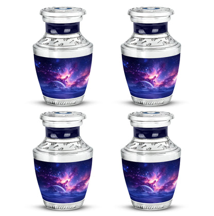 Sky Blue Galaxy Cremation Urn back view with polished surface - contemporary galaxy design with modern artistic flair - 10 inch aluminum urn for cremated remains