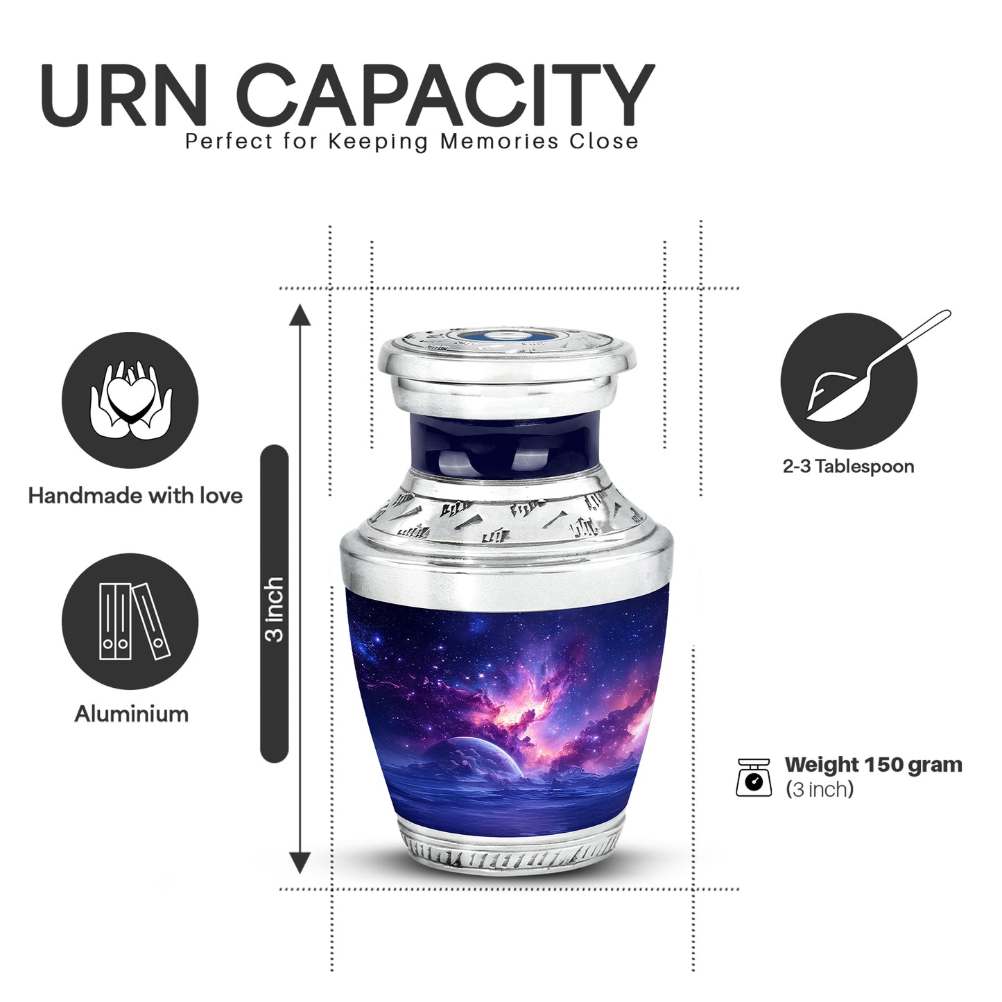 Vivid Blue Galaxy Cremation Urn top-down view of secure threaded lid - stylized abstract galaxy pattern with bold lines - mini keepsake memorial for portion of cremation ashes