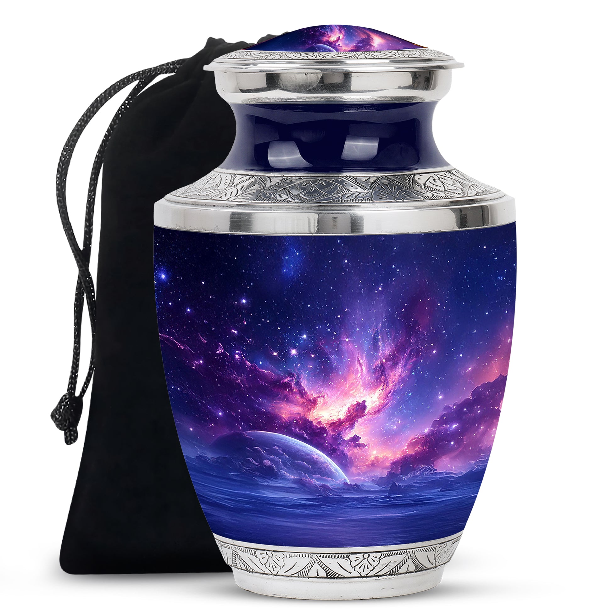 Soft Blue Galaxy Cremation Urn side profile showing urn shape - stylized abstract galaxy pattern with bold lines - full-size 10 inch 200 cubic inch adult cremation urn