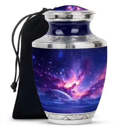 Soft Blue Galaxy Cremation Urn side profile showing urn shape - stylized abstract galaxy pattern with bold lines - full-size 10 inch 200 cubic inch adult cremation urn