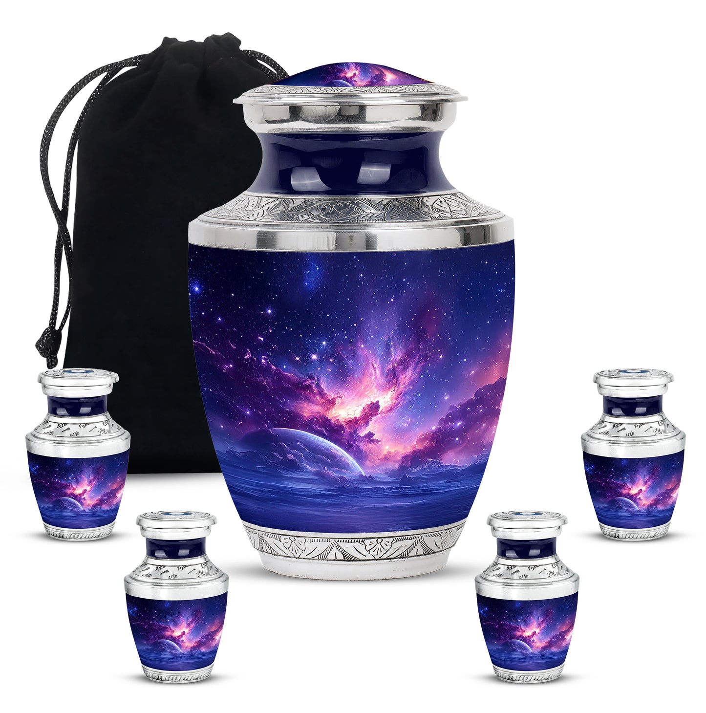 Slate Blue Galaxy Cremation Urn lifestyle display on memorial shelf - contemporary galaxy design with modern artistic flair - memorial set with one large and four small urns