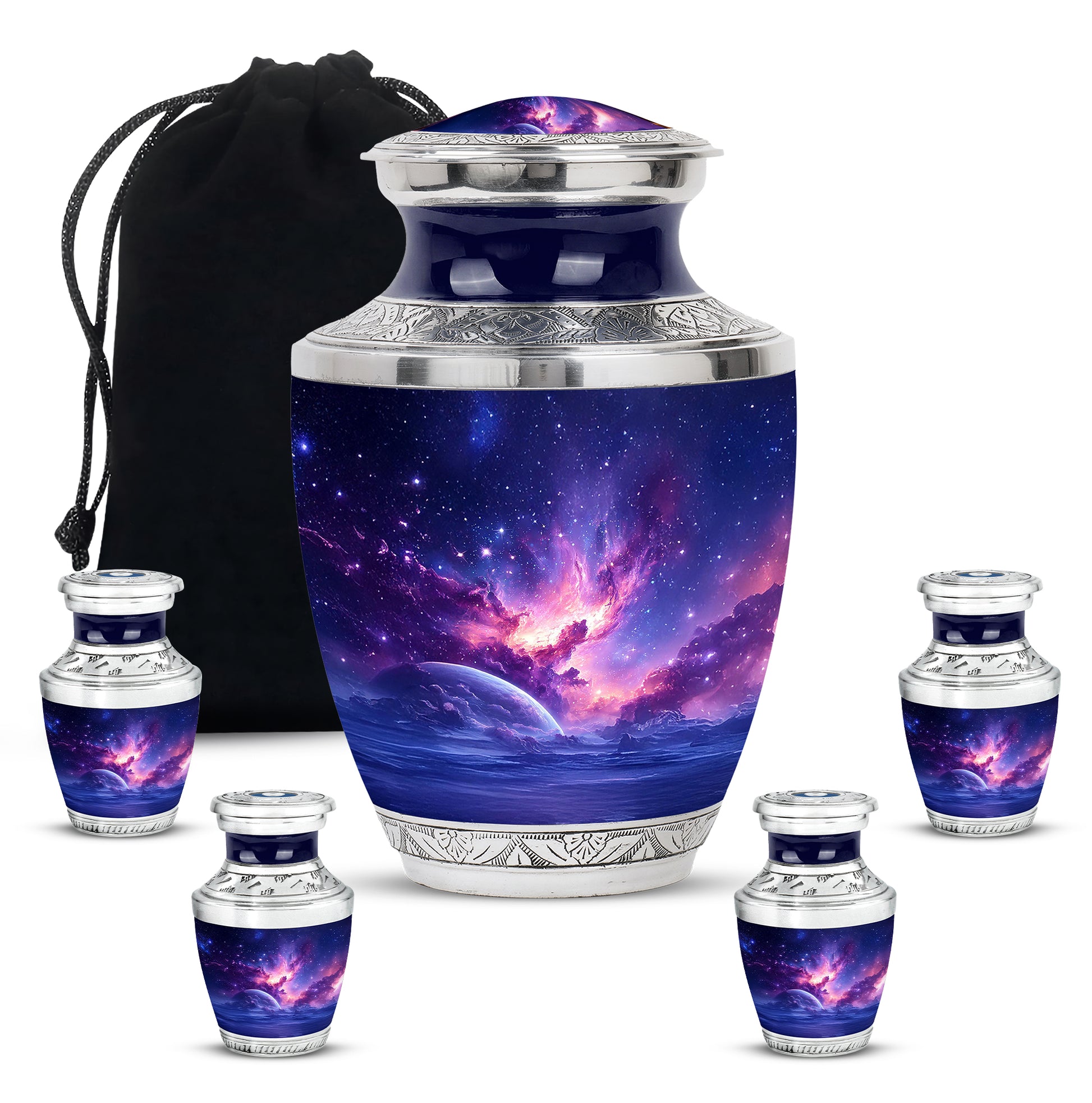 Slate Blue Galaxy Cremation Urn lifestyle display on memorial shelf - contemporary galaxy design with modern artistic flair - memorial set with one large and four small urns