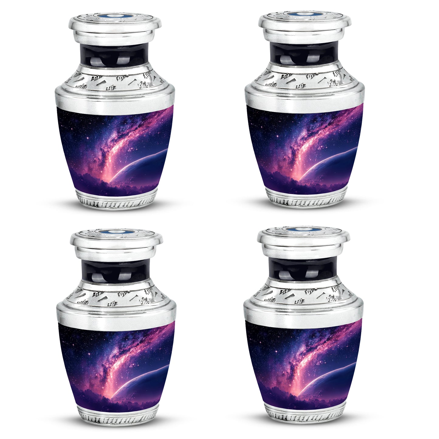 Royal Blue Galaxy Cremation Urn back view with polished surface - stylized abstract galaxy pattern with bold lines - 10 inch aluminum urn for cremated remains