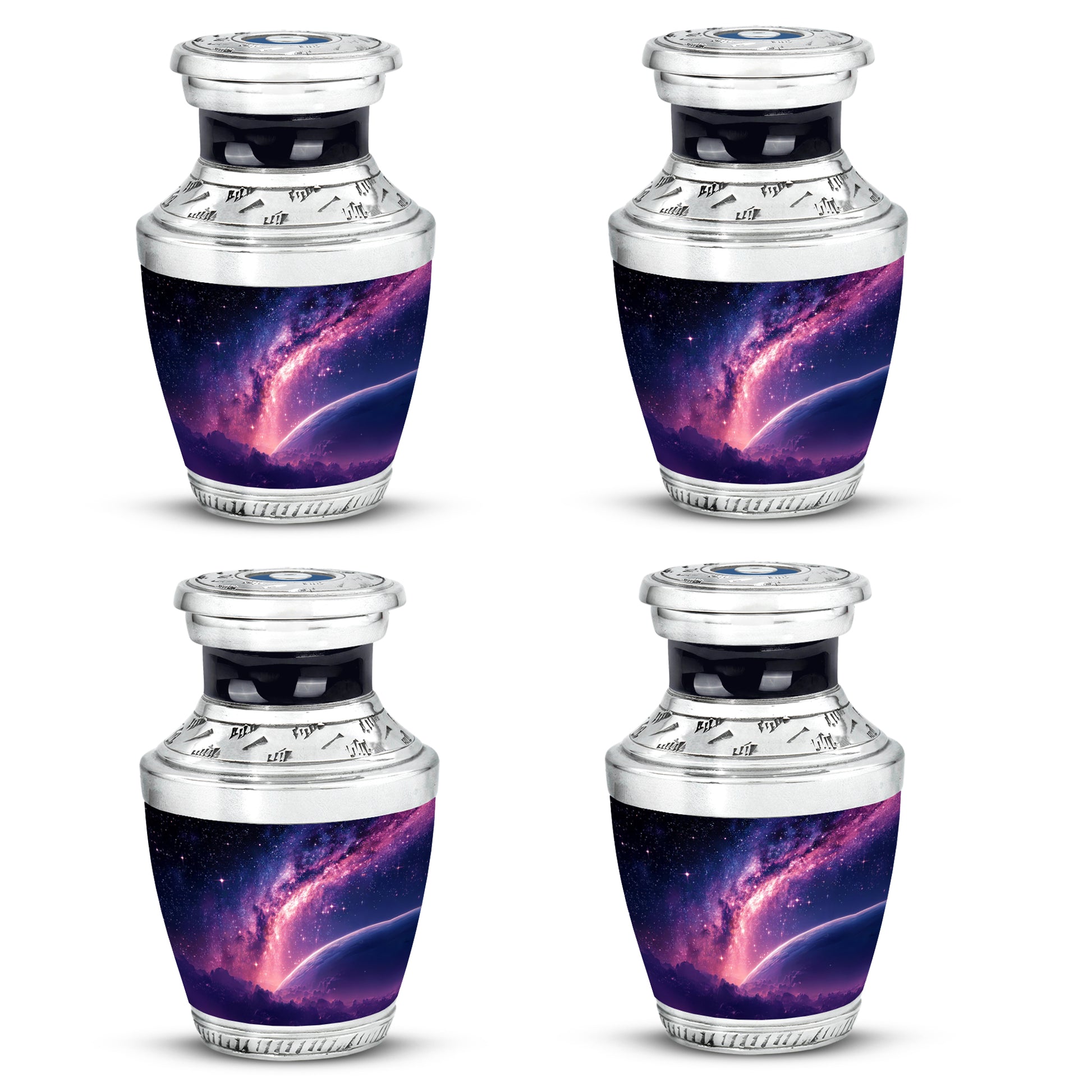 Royal Blue Galaxy Cremation Urn back view with polished surface - stylized abstract galaxy pattern with bold lines - 10 inch aluminum urn for cremated remains