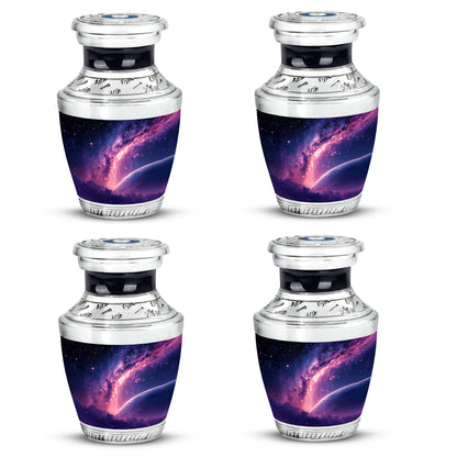 Royal Blue Galaxy Cremation Urn back view with polished surface - stylized abstract galaxy pattern with bold lines - 10 inch aluminum urn for cremated remains
