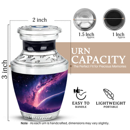 Indigo Galaxy Cremation Urn top-down view of secure threaded lid - contemporary galaxy design with modern artistic flair - mini keepsake memorial for portion of cremation ashes