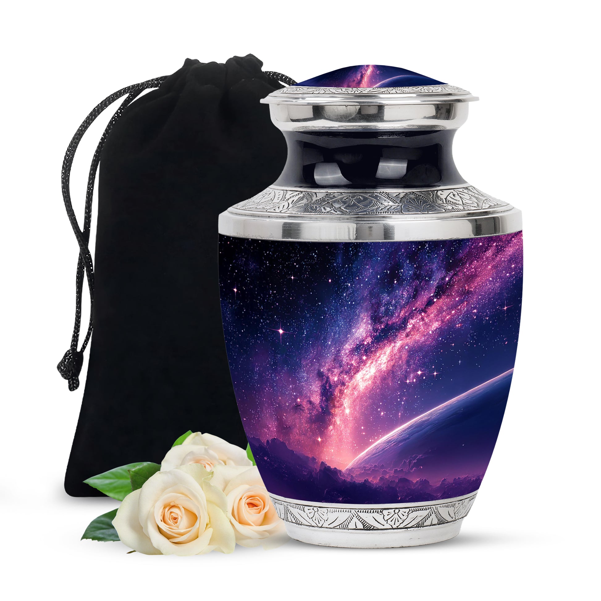 Misty Blue Galaxy Cremation Urn side profile showing urn shape - contemporary galaxy design with modern artistic flair - full-size 10 inch 200 cubic inch adult cremation urn