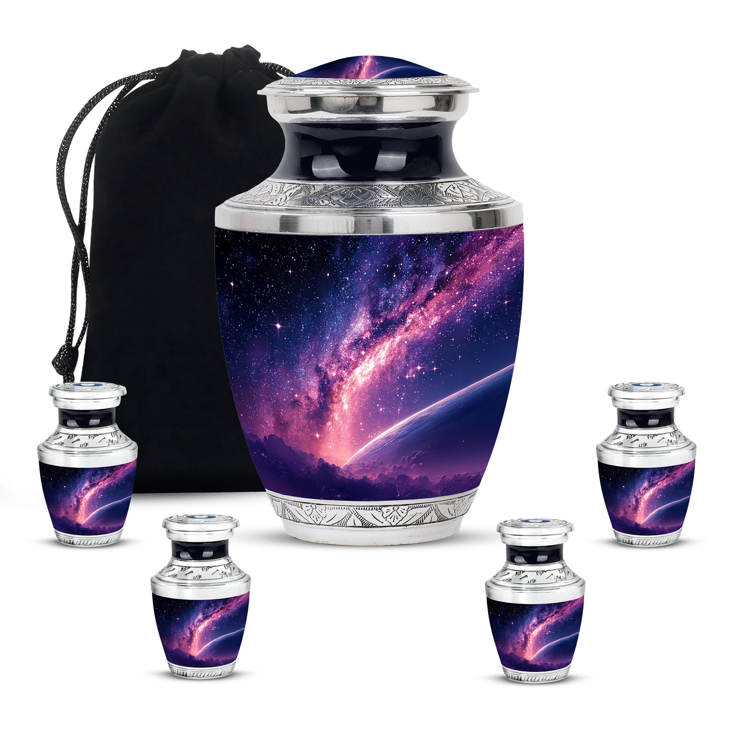 Misty Blue Galaxy Cremation Urn lifestyle display on memorial shelf - modern art-inspired galaxy motif on sleek aluminum - memorial set with one large and four small urns