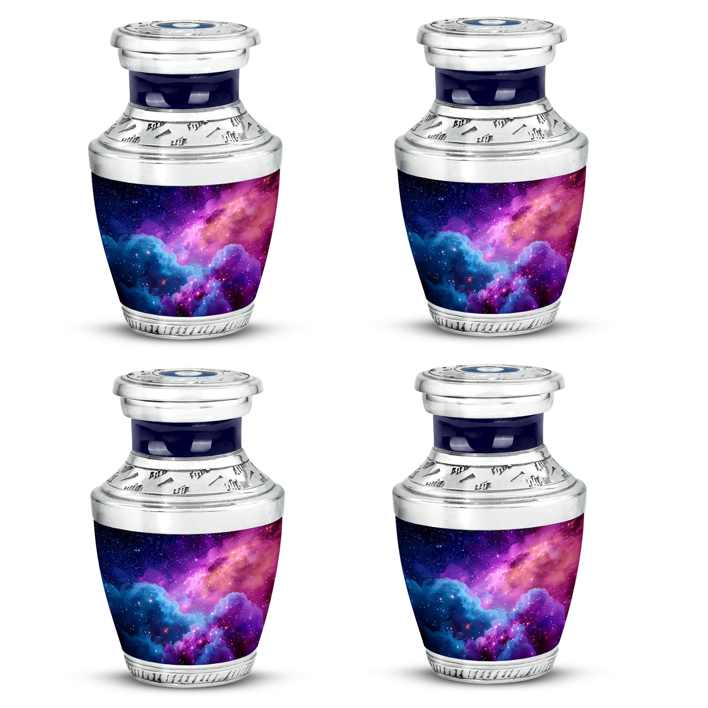 Sapphire Blue Galaxy Cremation Urn back view with polished surface - stylized abstract galaxy pattern with bold lines - 10 inch aluminum urn for cremated remains