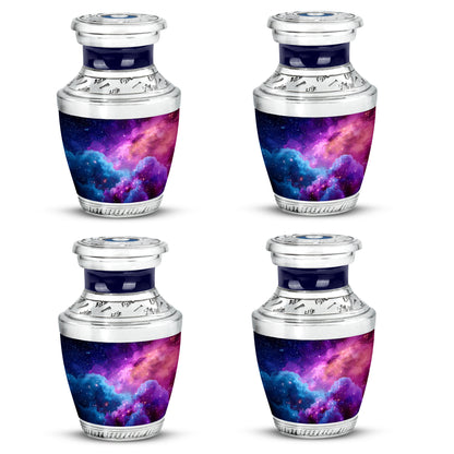 Sapphire Blue Galaxy Cremation Urn back view with polished surface - stylized abstract galaxy pattern with bold lines - 10 inch aluminum urn for cremated remains