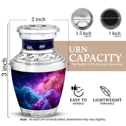 Dusty Blue Galaxy Cremation Urn top-down view of secure threaded lid - contemporary galaxy design with modern artistic flair - mini keepsake memorial for portion of cremation ashes