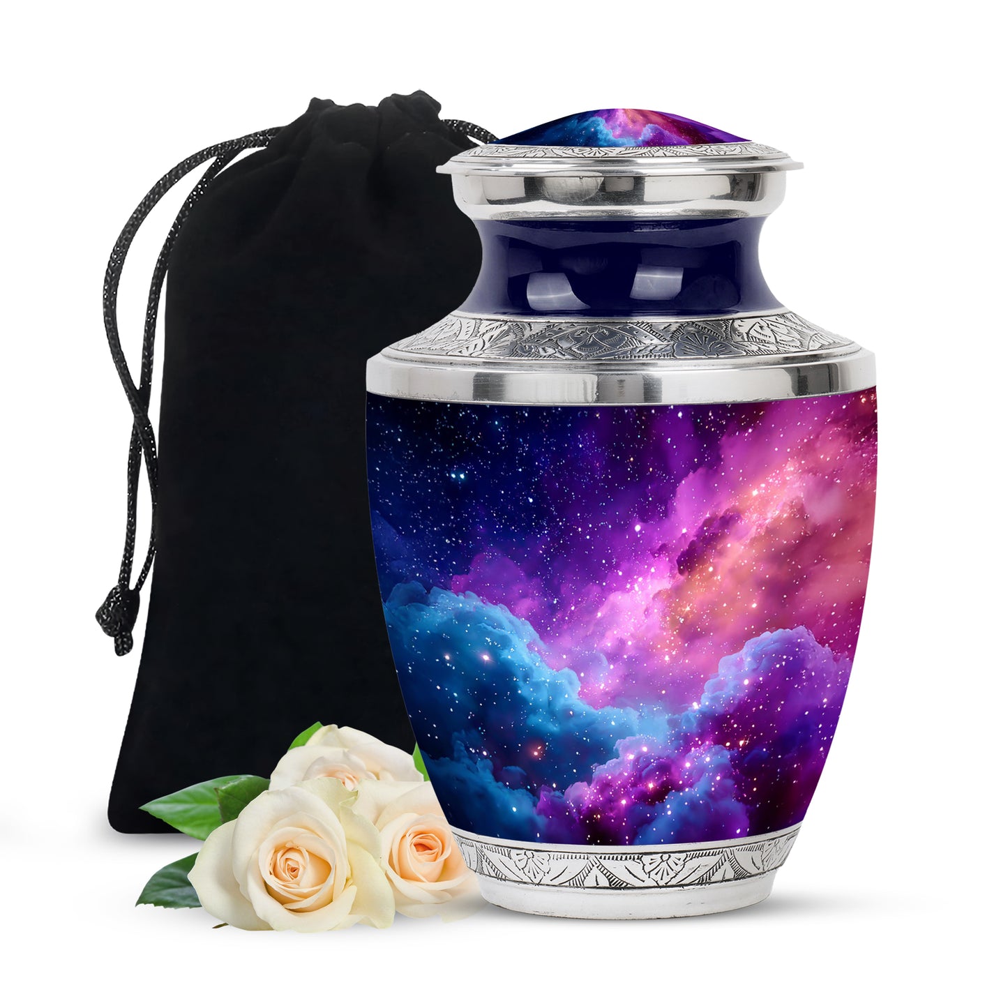 Sapphire Blue Galaxy Cremation Urn side profile showing urn shape - stylized abstract galaxy pattern with bold lines - full-size 10 inch 200 cubic inch adult cremation urn