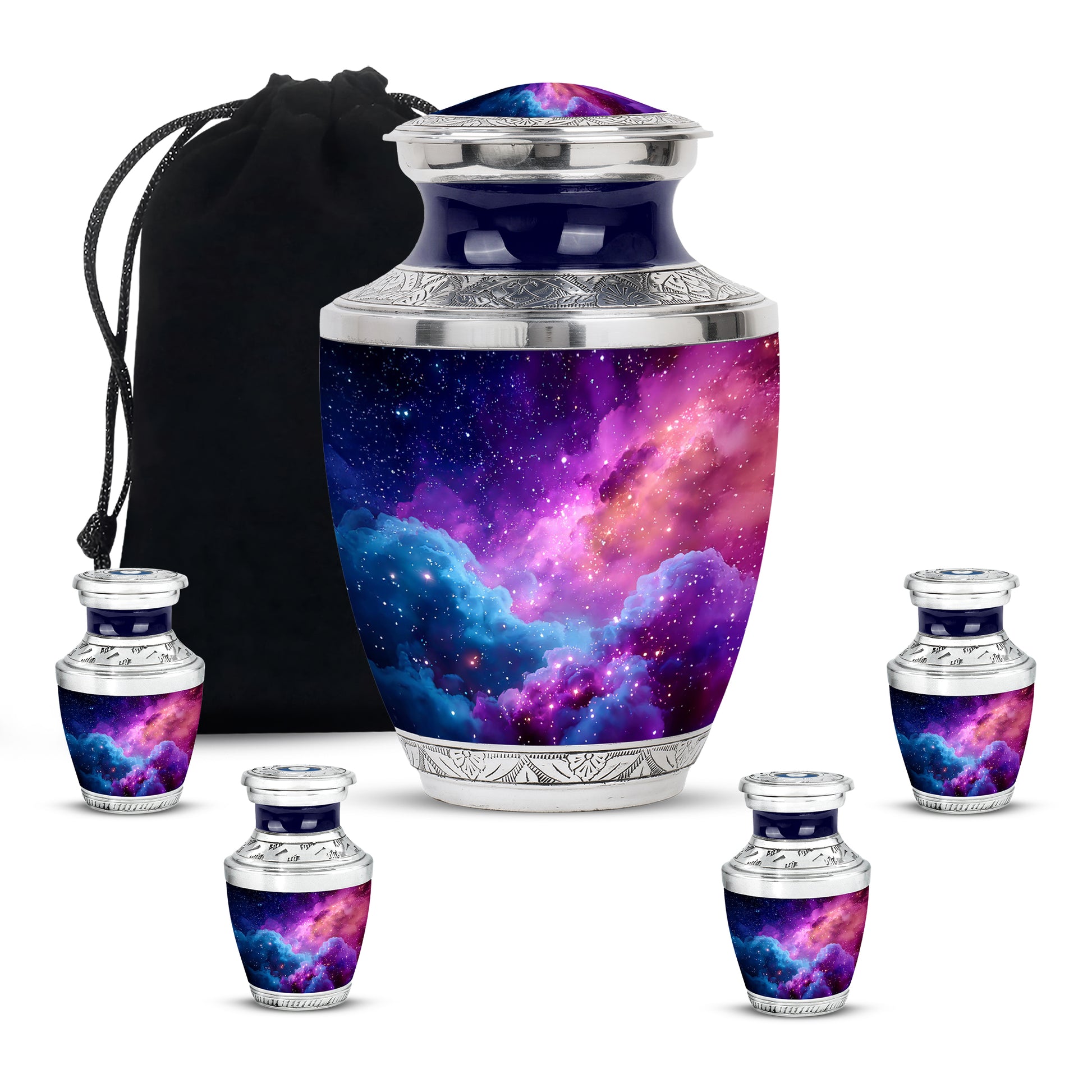 Azure Galaxy Cremation Urn lifestyle display on memorial shelf - modern art-inspired galaxy motif on sleek aluminum - memorial set with one large and four small urns
