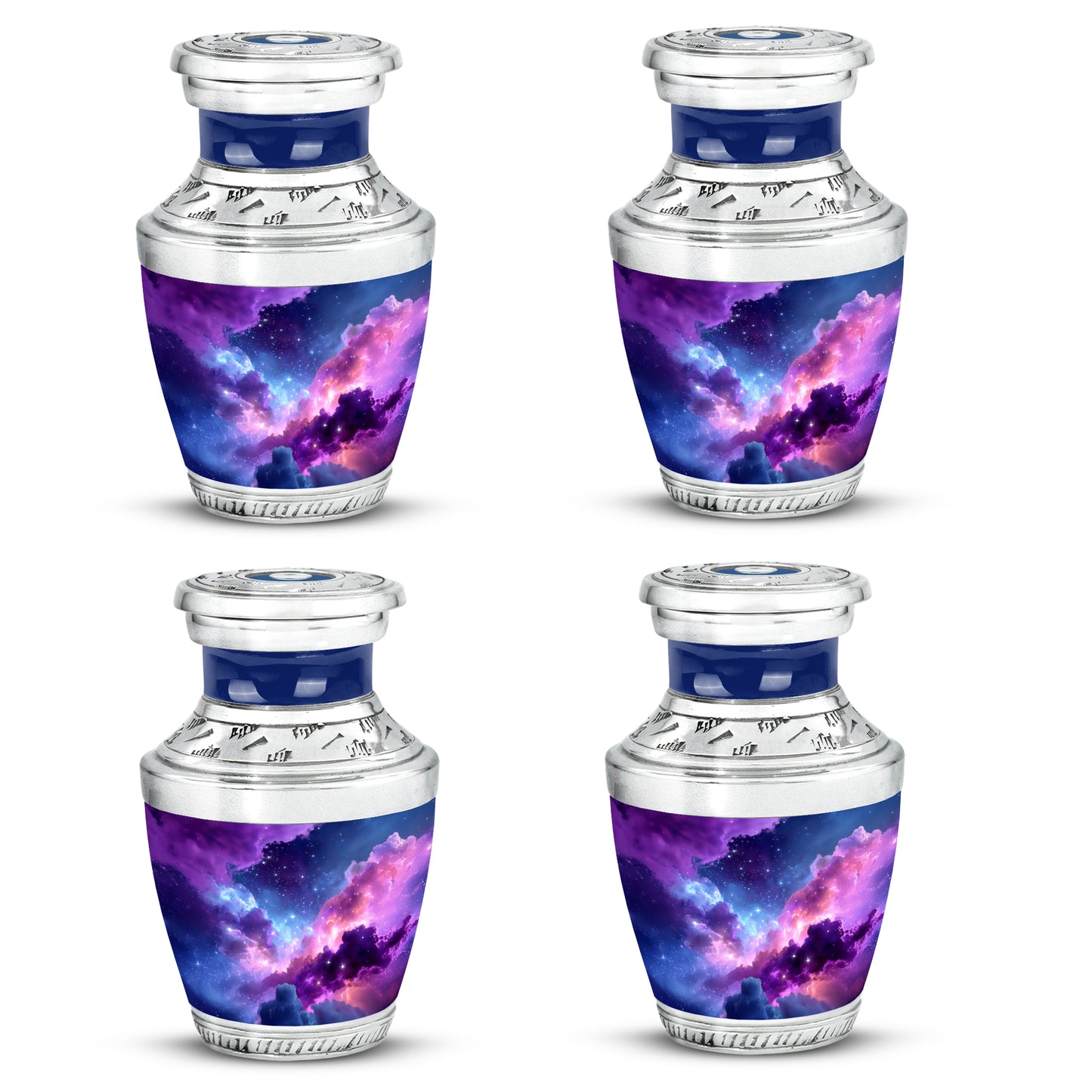 Soft Blue Galaxy Cremation Urn back view with polished surface - stylized abstract galaxy pattern with bold lines - 10 inch aluminum urn for cremated remains