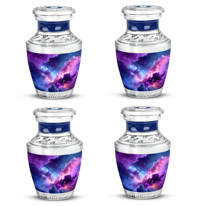Soft Blue Galaxy Cremation Urn back view with polished surface - stylized abstract galaxy pattern with bold lines - 10 inch aluminum urn for cremated remains