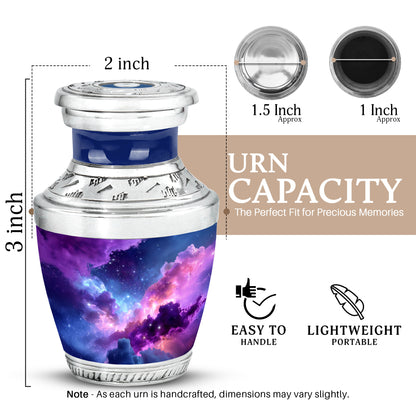 Celestial Blue Galaxy Cremation Urn top-down view of secure threaded lid - modern art-inspired galaxy motif on sleek aluminum - mini keepsake memorial for portion of cremation ashes