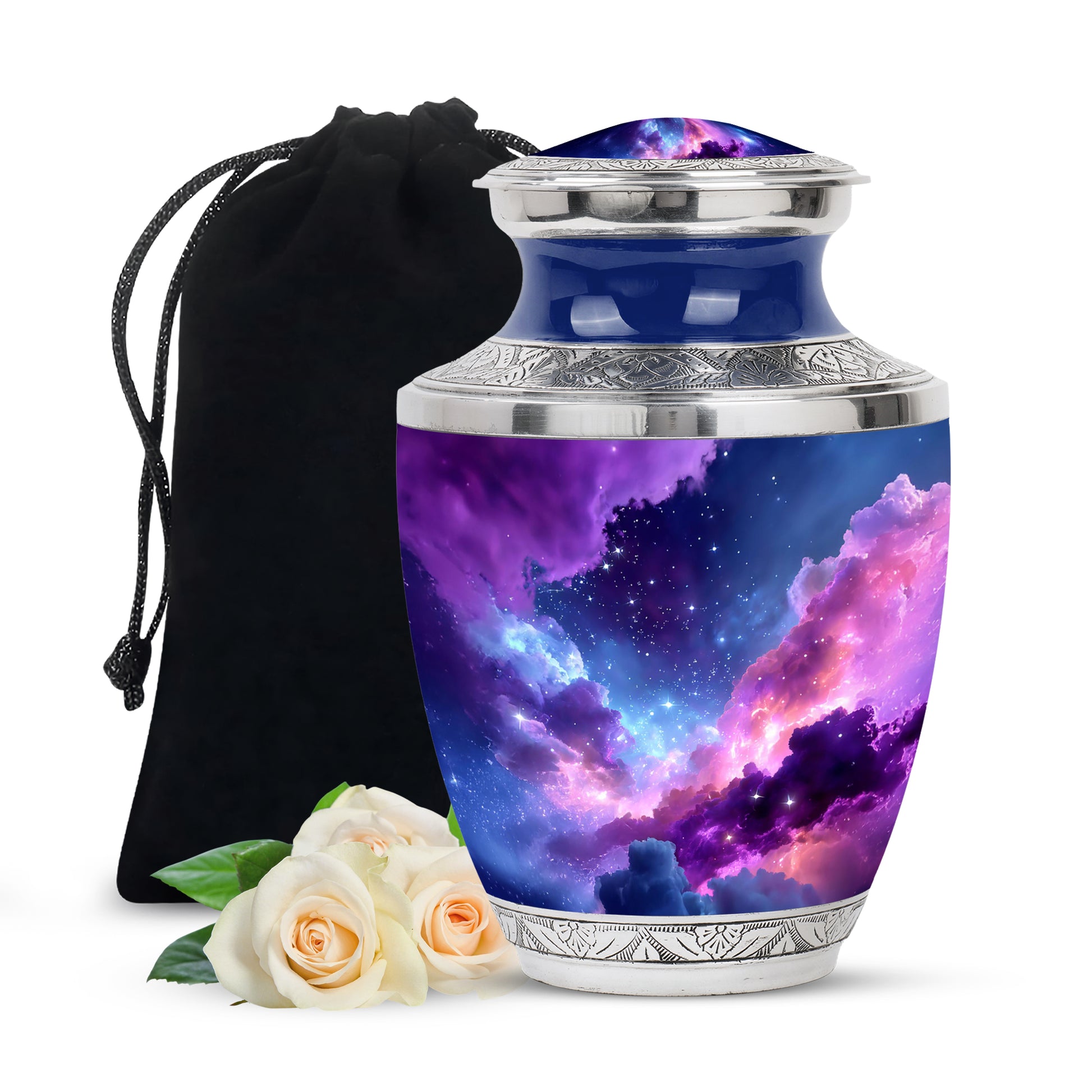 Slate Blue Galaxy Cremation Urn side profile showing urn shape - modern art-inspired galaxy motif on sleek aluminum - full-size 10 inch 200 cubic inch adult cremation urn