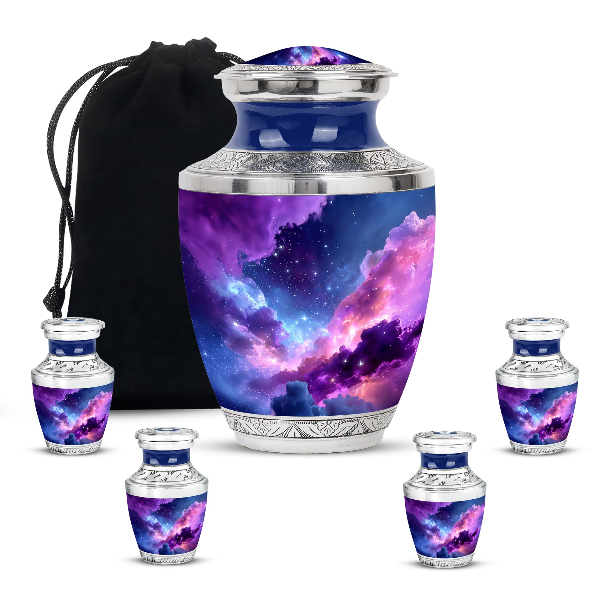 Cornflower Blue Galaxy Cremation Urn lifestyle display on memorial shelf - artistic galaxy interpretation with creative detail - memorial set with one large and four small urns