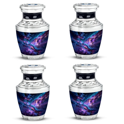 Celestial Blue Galaxy Cremation Urn back view with polished surface - contemporary galaxy design with modern artistic flair - 10 inch aluminum urn for cremated remains