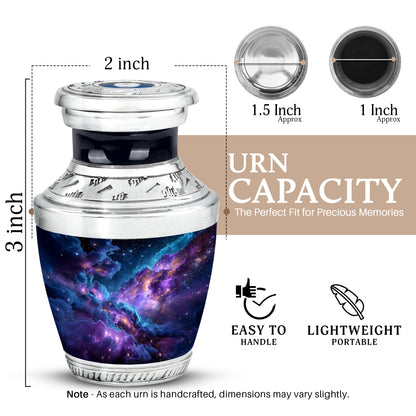Icy Blue Galaxy Cremation Urn top-down view of secure threaded lid - modern art-inspired galaxy motif on sleek aluminum - mini keepsake memorial for portion of cremation ashes