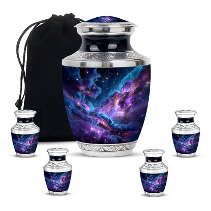 Sky Blue Galaxy Cremation Urn lifestyle display on memorial shelf - modern art-inspired galaxy motif on sleek aluminum - memorial set with one large and four small urns