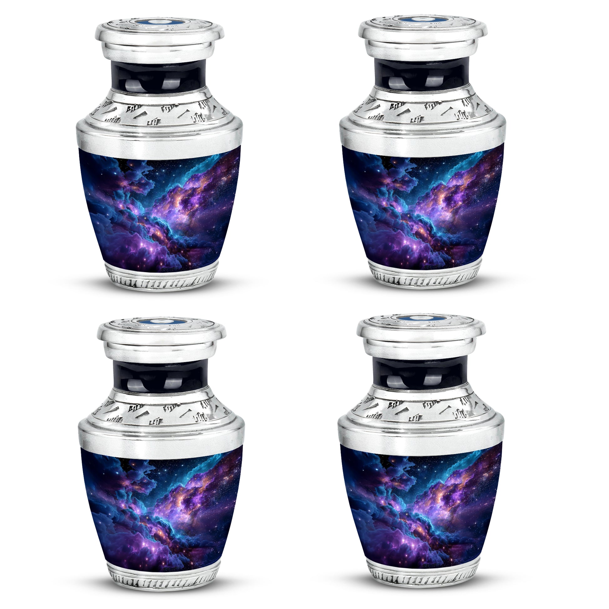 Cobalt Blue Galaxy Cremation Urn back view with polished surface - stylized abstract galaxy pattern with bold lines - 10 inch aluminum urn for cremated remains