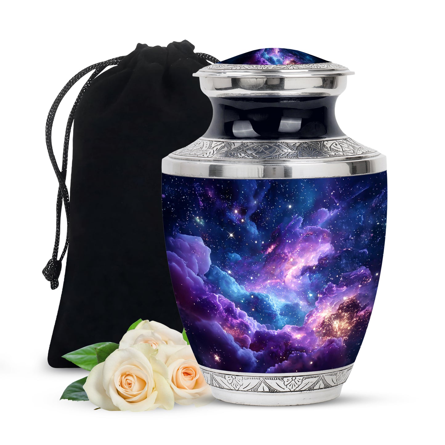 Twilight Blue Galaxy Cremation Urn side profile showing urn shape - artistic galaxy interpretation with creative detail - full-size 10 inch 200 cubic inch adult cremation urn