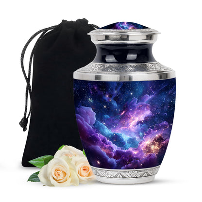 Twilight Blue Galaxy Cremation Urn side profile showing urn shape - artistic galaxy interpretation with creative detail - full-size 10 inch 200 cubic inch adult cremation urn
