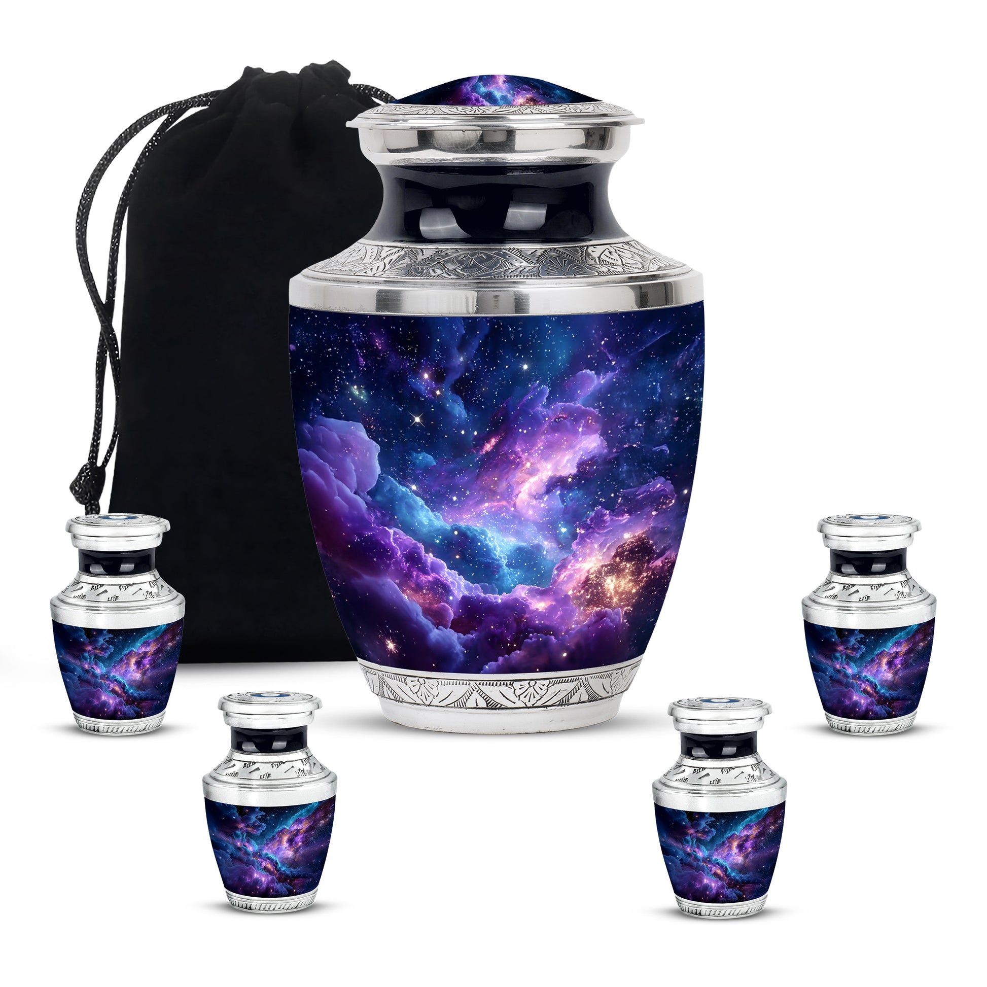 Misty Blue Galaxy Cremation Urn lifestyle display on memorial shelf - contemporary galaxy design with modern artistic flair - memorial set with one large and four small urns