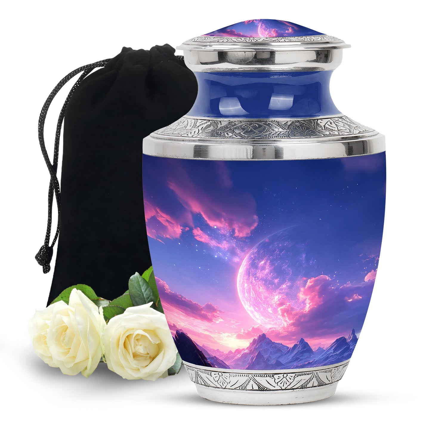 Slate Blue Galaxy Cremation Urn side profile showing urn shape - contemporary galaxy design with modern artistic flair - full-size 10 inch 200 cubic inch adult cremation urn