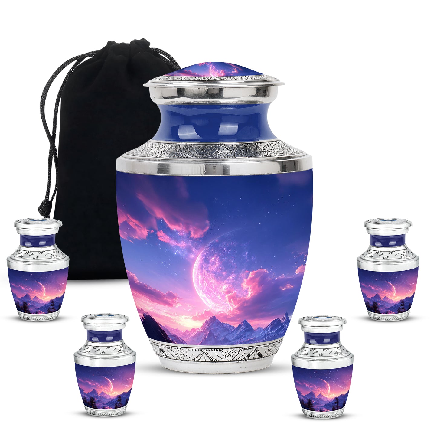 Sapphire Blue Galaxy Cremation Urn lifestyle display on memorial shelf - artistic galaxy interpretation with creative detail - memorial set with one large and four small urns