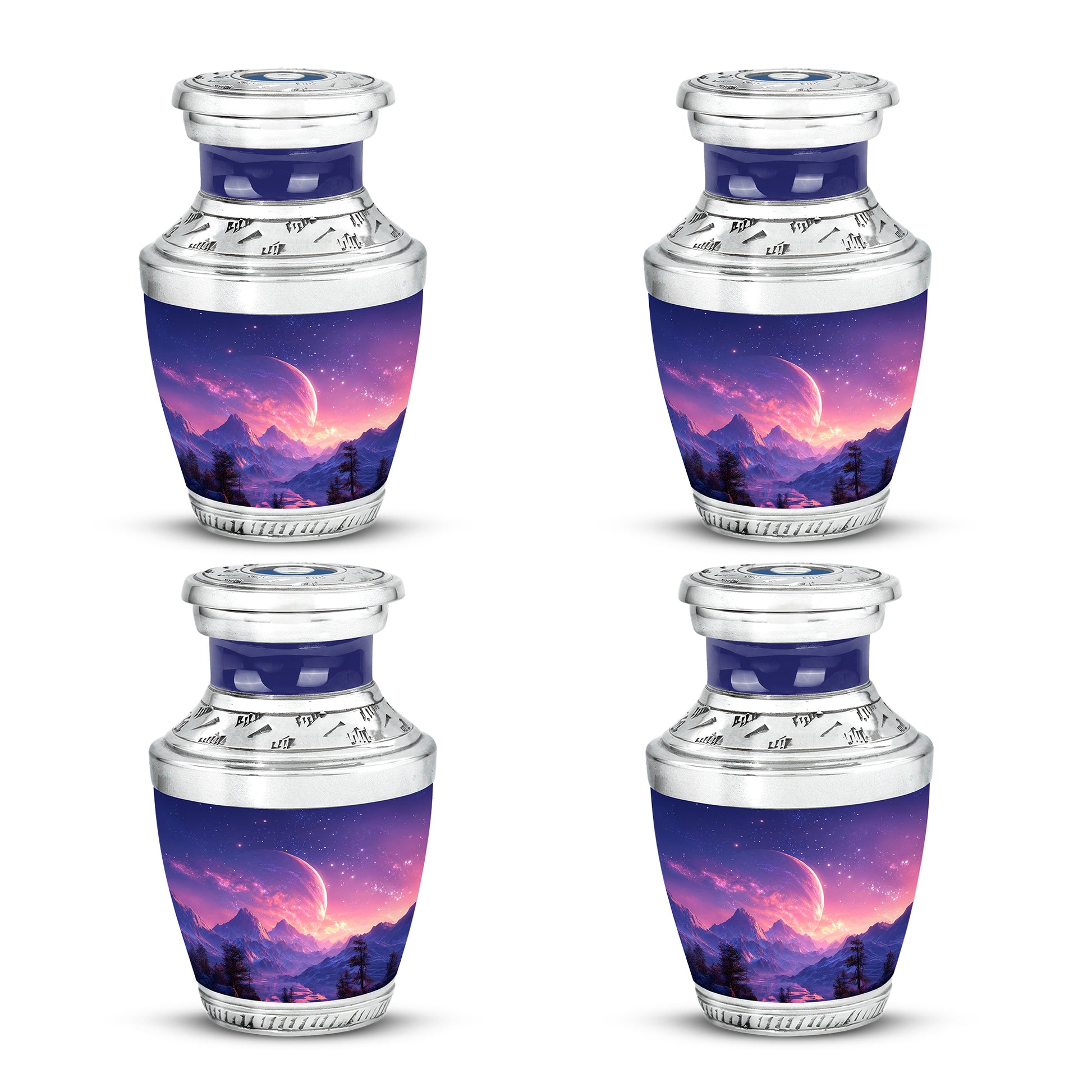 Pastel Blue Galaxy Cremation Urn back view with polished surface - modern art-inspired galaxy motif on sleek aluminum - 10 inch aluminum urn for cremated remains