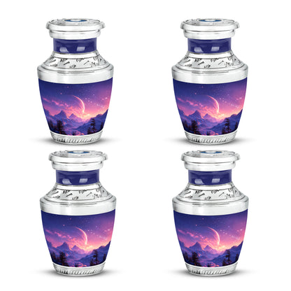 Pastel Blue Galaxy Cremation Urn back view with polished surface - modern art-inspired galaxy motif on sleek aluminum - 10 inch aluminum urn for cremated remains