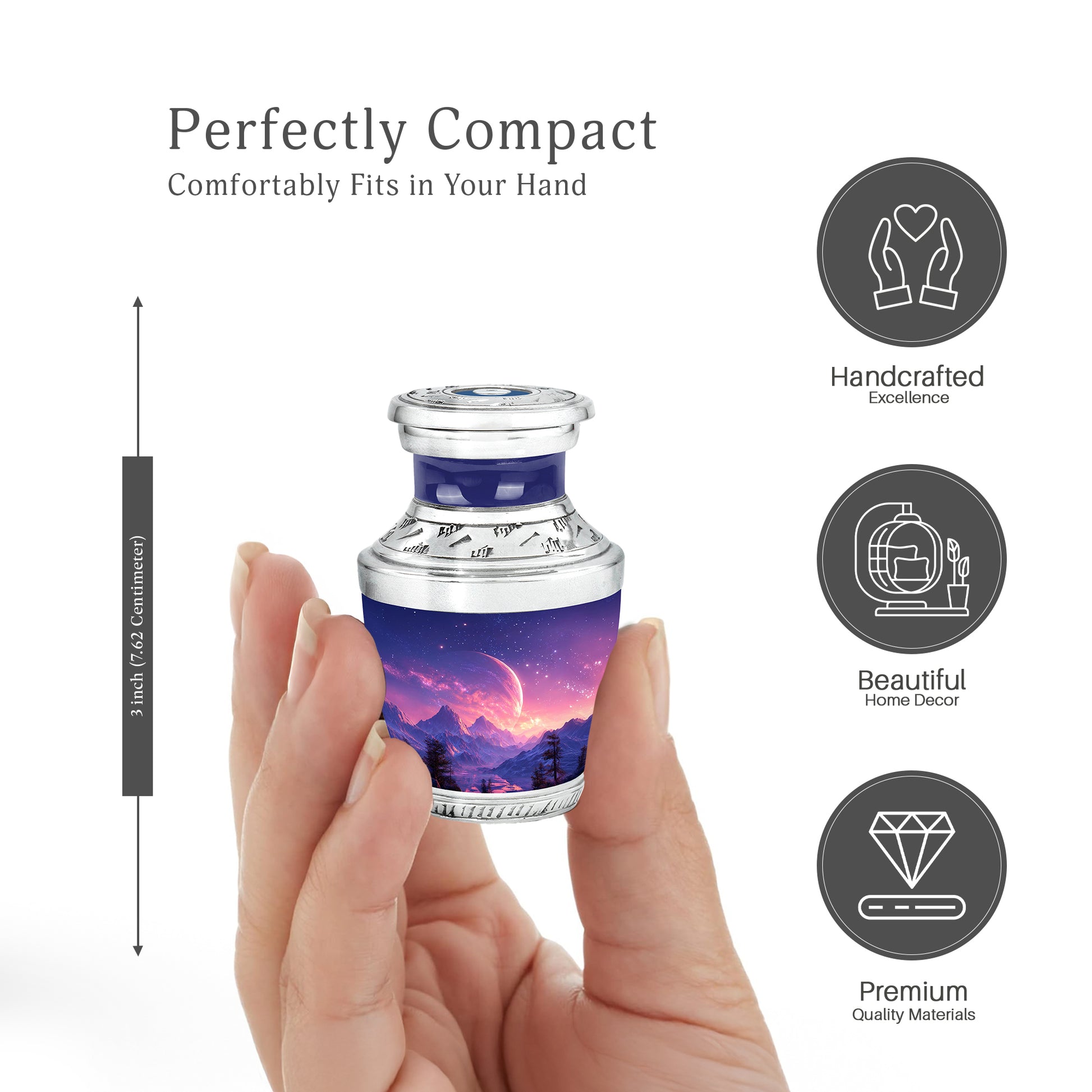 Royal Blue Galaxy Cremation Urn top-down view of secure threaded lid - stylized abstract galaxy pattern with bold lines - mini keepsake memorial for portion of cremation ashes