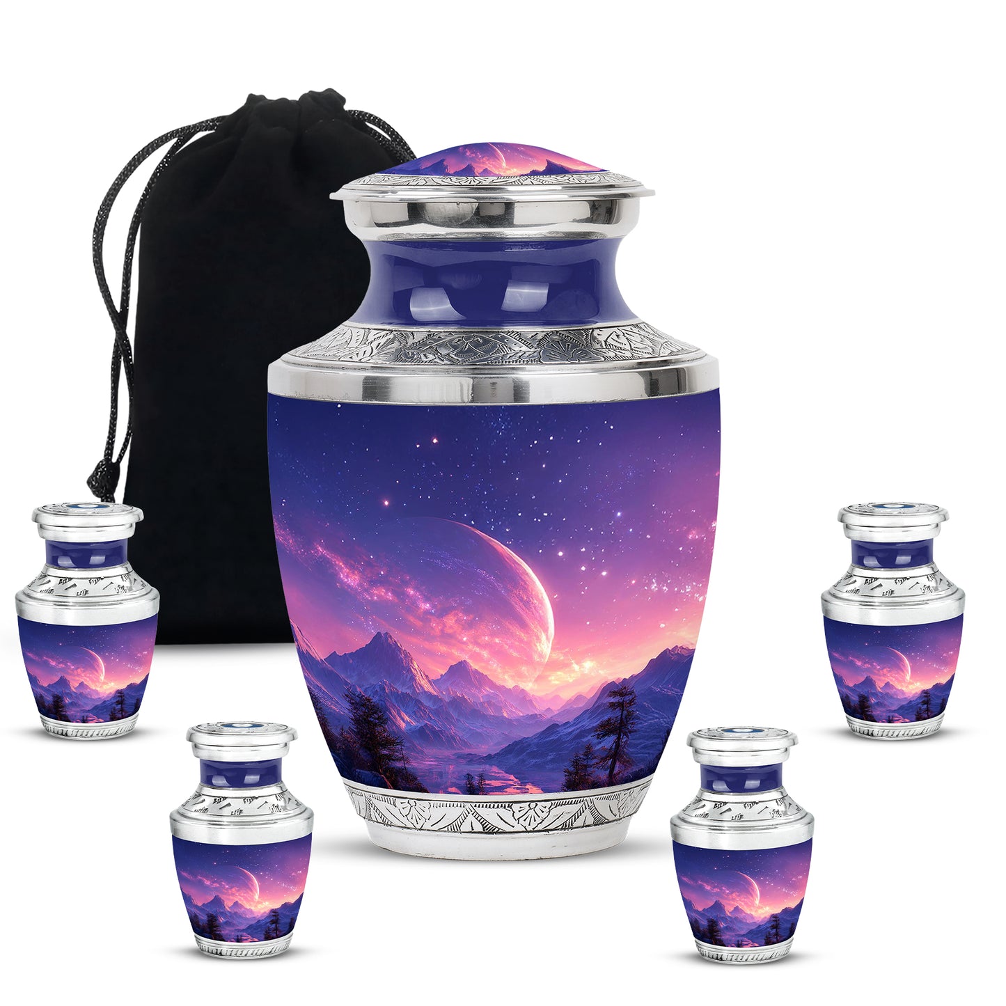 Twilight Blue Galaxy Cremation Urn lifestyle display on memorial shelf - artistic galaxy interpretation with creative detail - memorial set with one large and four small urns