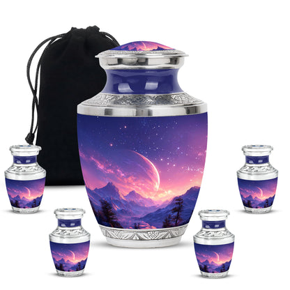Twilight Blue Galaxy Cremation Urn lifestyle display on memorial shelf - artistic galaxy interpretation with creative detail - memorial set with one large and four small urns