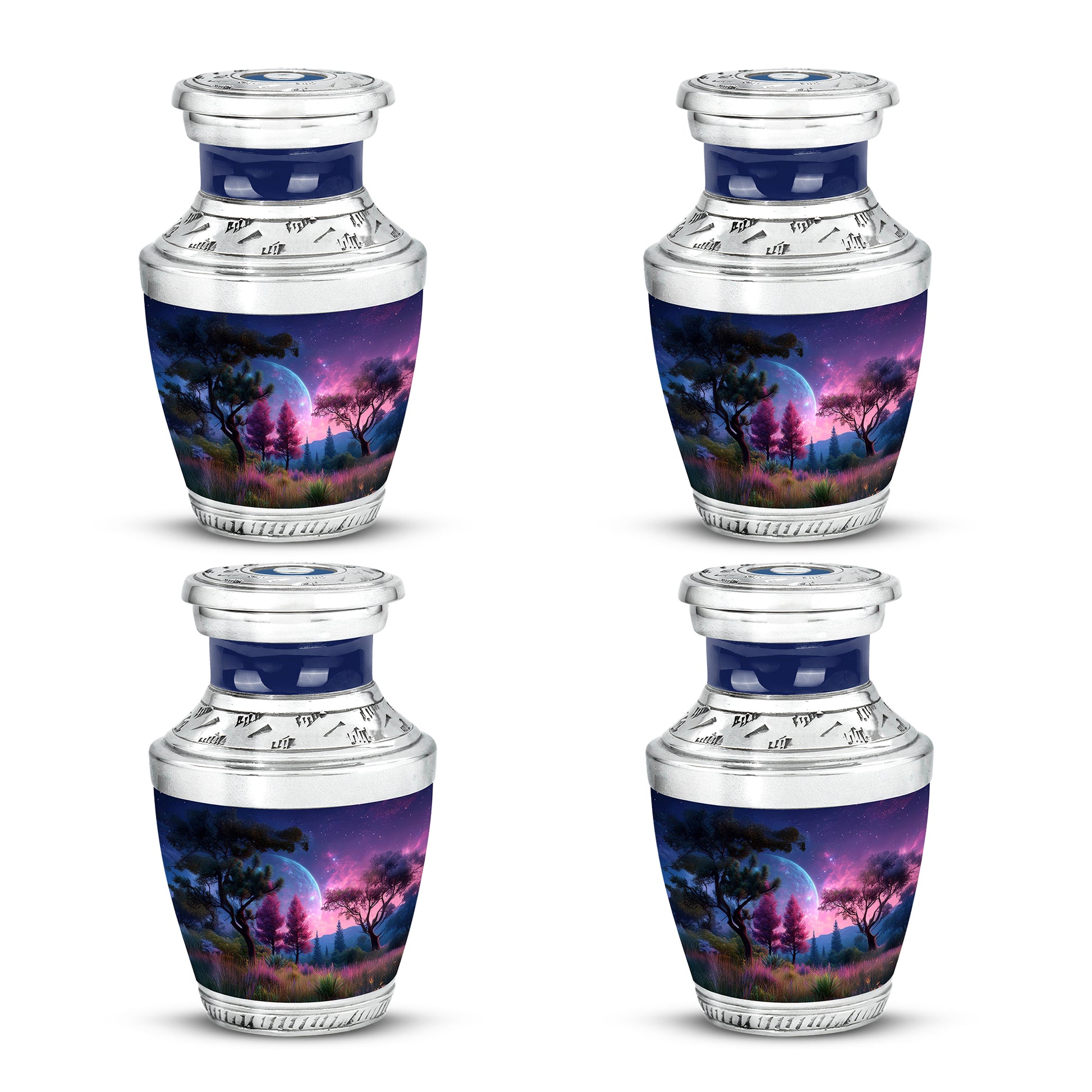 Royal Blue Galaxy Cremation Urn back view with polished surface - artistic galaxy interpretation with creative detail - 10 inch aluminum urn for cremated remains