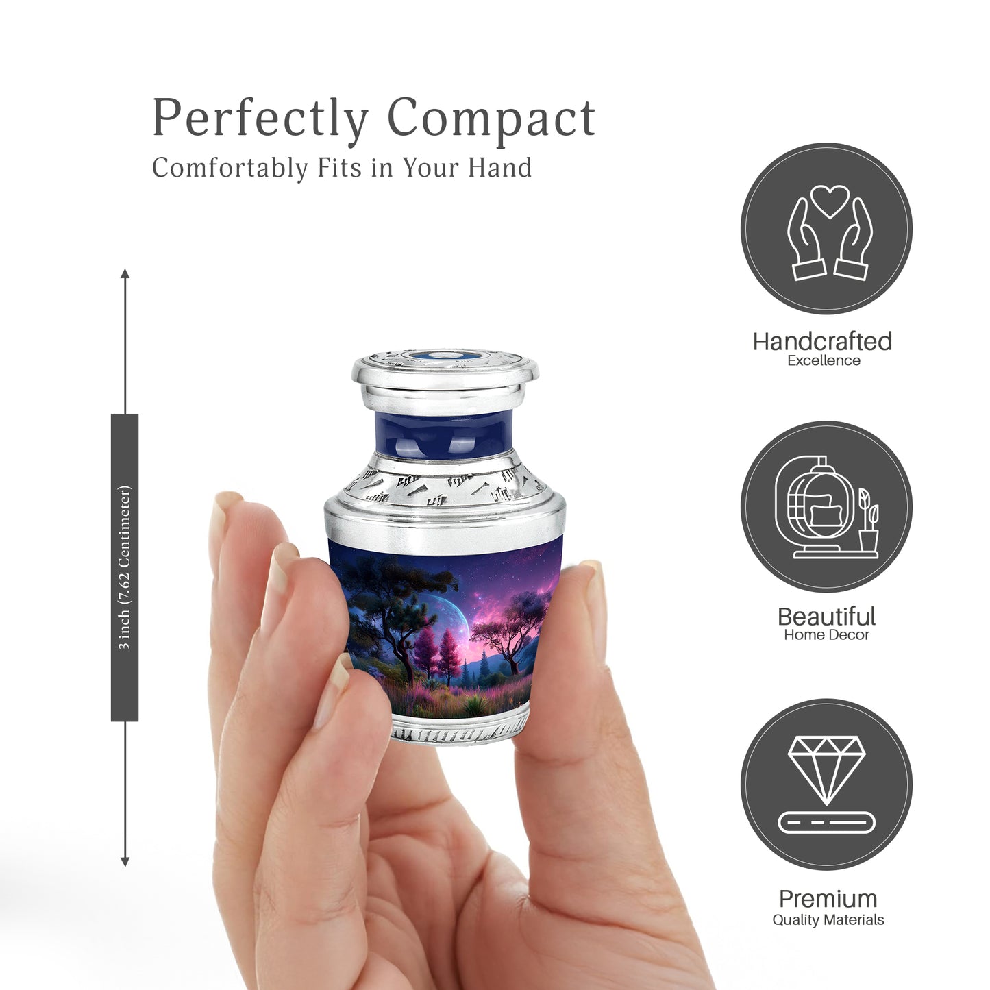 Icy Blue Galaxy Cremation Urn top-down view of secure threaded lid - modern art-inspired galaxy motif on sleek aluminum - mini keepsake memorial for portion of cremation ashes
