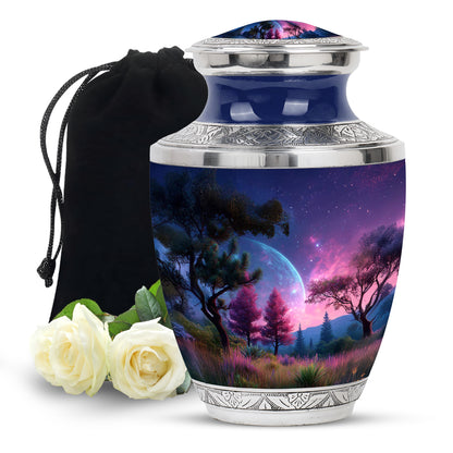 Serene Blue Galaxy Cremation Urn side profile showing urn shape - artistic galaxy interpretation with creative detail - full-size 10 inch 200 cubic inch adult cremation urn